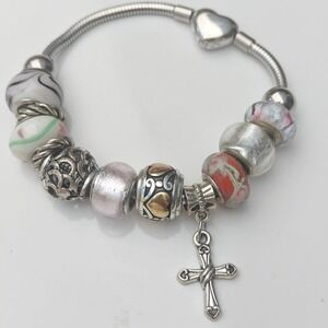 Charm Bracelet Cross Heart Floral  Filigree With Sterling Silver 925 Glass Bead